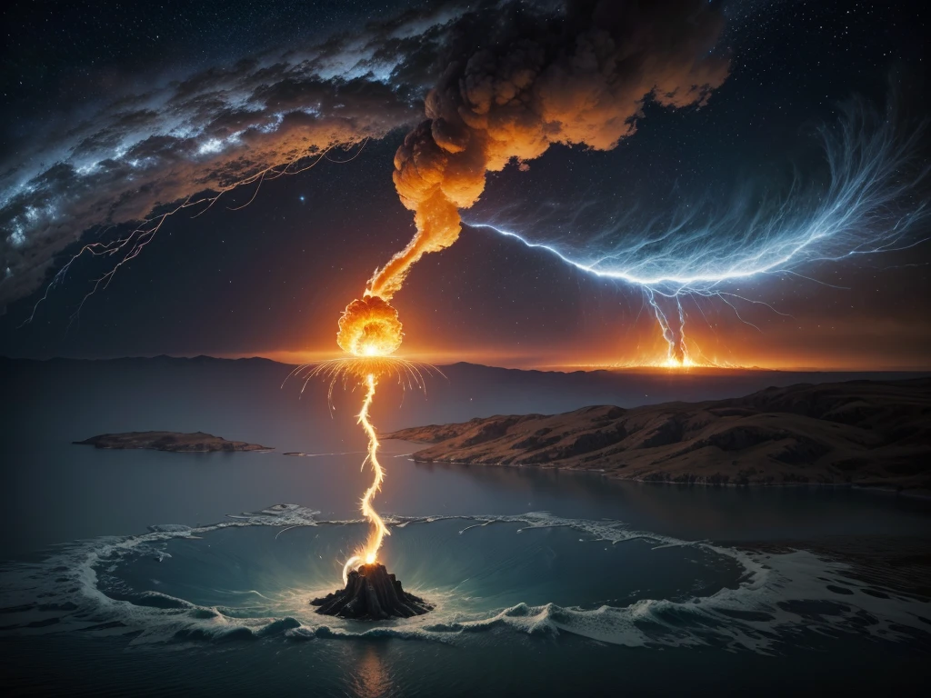 create in the mystical world where the fire elements, water, Earth and air come to life with dynamic scenes where elemental magic is at play, capturing the raw power and beauty of these natural forces. shows the earth opening , fire larvae , in the center of a lake, tornado of wind descending from the sky