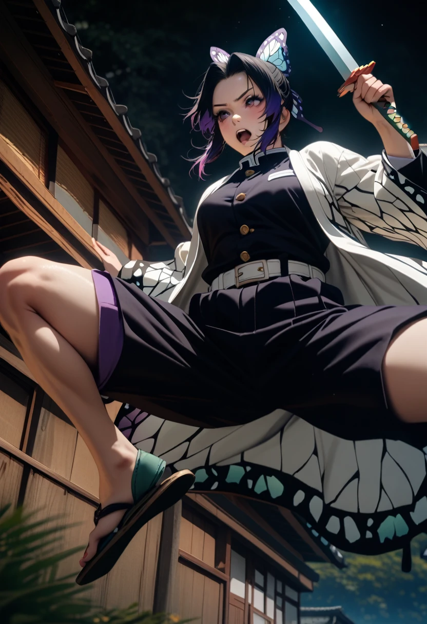 k0ch0ush1n0bu, shinobu kochou, animal print, black hair, butterfly, butterfly hair ornament, butterfly print, forehead, gradient hair, hair ornament, haori, multicolored hair, parted bangs, purple hair, short hair, two-tone hair,belt, black pants, butterfly print, coat, demon slayer uniform, haori, japanese clothes, pants, uniform,,1  japanese muscular girl,perfect hands,perfect anatomy, masterpiece, best quality,realistic, hyperrealistic, 16k hdr,medium breasts,outdoor,night,japanese old garden,(angry:0.8),red blush,dynamic pose,dynamic angle,(jump,kick,in the air:1.2),(from below,spread legs:1.2),(holding japanese sword,butterfly shaped sword guard:1.2) 