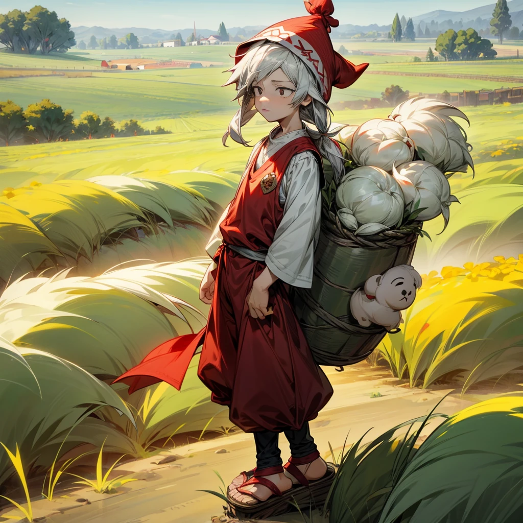 1little boy, Full body version, 1character, black eyes color, milk skin, long hairstyle, sad eyes type, silver colour hair, Farmer villager clothing style, red color clothing, black pants, white scraf, Ancient roman sandals, vest, green Beanie, Grassroots background in field villager, motion blur 