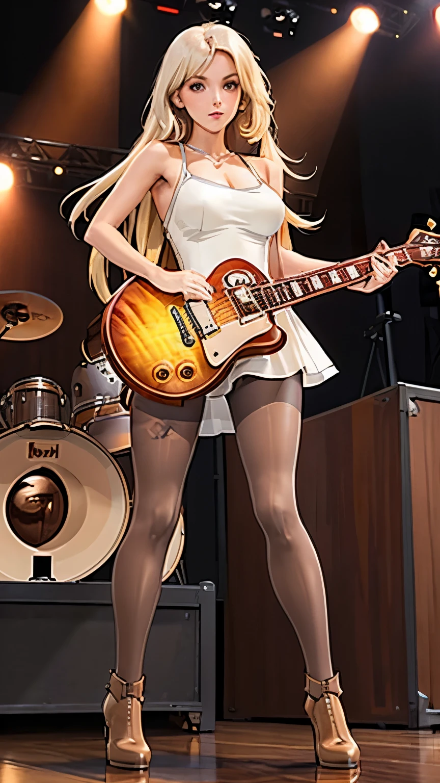 1 girl, (mahogany-colored Gibson Les Paul guitar:1.3), (long straight platinum-blonde hair:1.2), (huge breasts:1.2), (bright white mini-dress:1.2), (brown pantyhose:1.3), (emphasis on her legs and feet:1.1), (low wedge heel booties:1.1), sexy legs, skinny girl, (small hips:1.1), small butt, stunningly beautiful, (thin:1.1), fit, short, athletic, Masterpiece, ultra-high detail, backdrop of a concert stage, feet in view, (show entire body), sexy ankles, low denier, 8k, intricate details, photorealistic, hyper-realistic, stage lighting, 