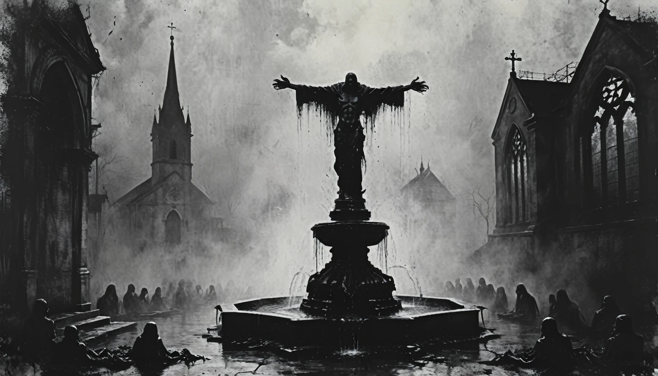 a painting of a ((fountain with corpses)), dead bodies, vampire the masquerade bloodlines, incredible art, gloomy background, nimbus, church ragged vestments, darksketch