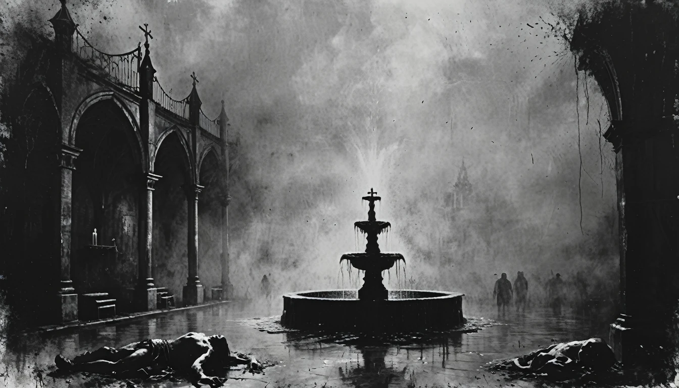 a painting of a ((fountain with corpses)), dead bodies, vampire the masquerade bloodlines, incredible art, gloomy background, nimbus, church ragged vestments, darksketch