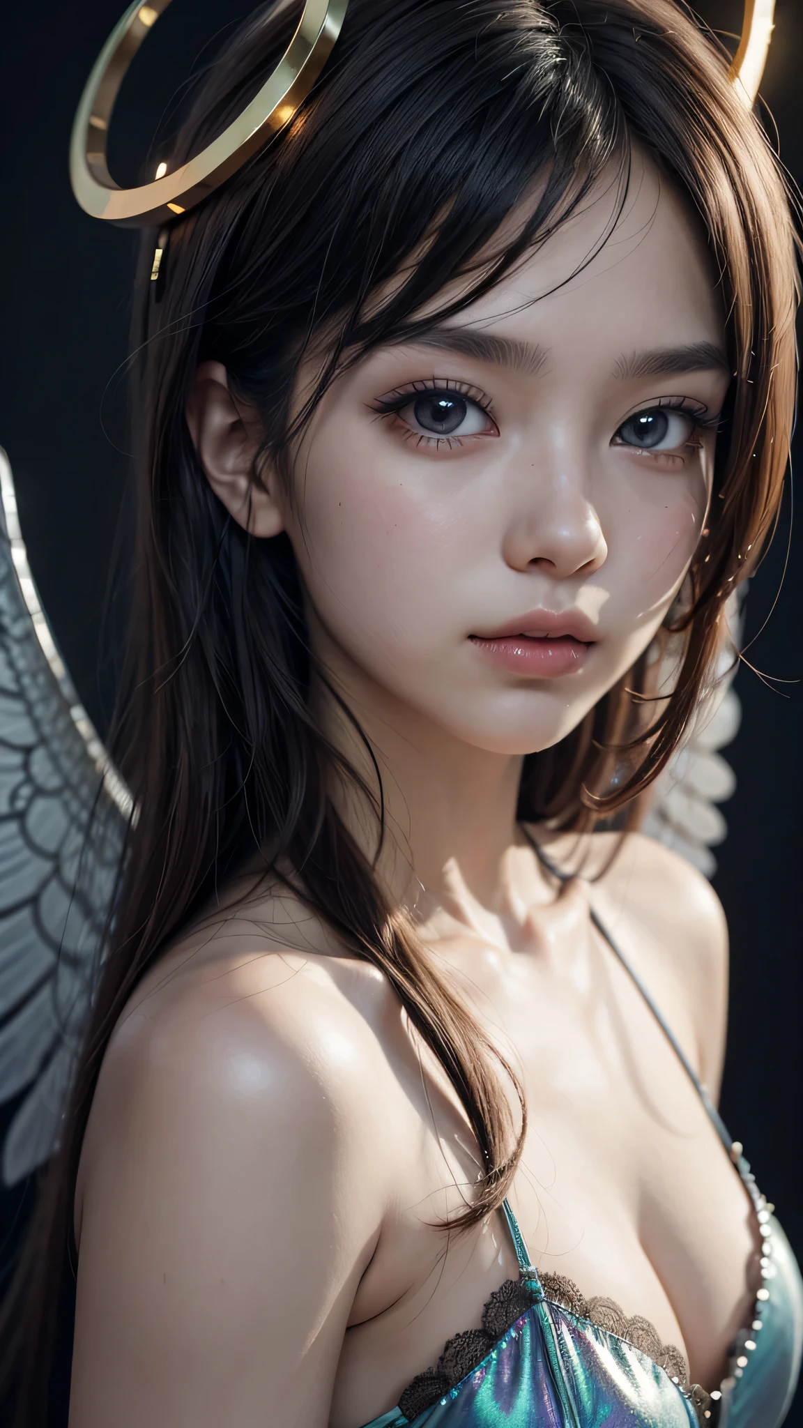 a close up of a person with a halo on their head, digital art on pixiv, anime art wallpaper 4k, anime art wallpaper 4 k, anime art wallpaper 8 k, by Yuumei, ross tran style, 4 k manga wallpaper, beautiful anime artwork, inspired by Ross Tran, ross tran!!!, digital anime art, iridescent wings