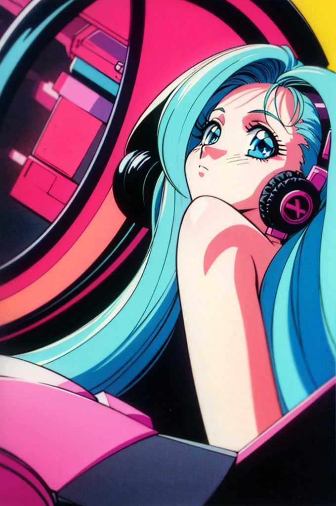 1990s (style), Anime girl, cybercore headphones, long black hair, vaporwave aesthetic, pastel blue,