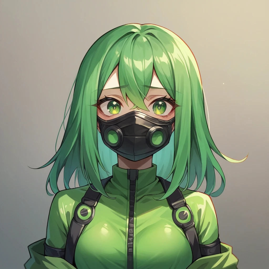 cute girl, toxic suit, anti toxin face masks , green eyes, Long Green Hair