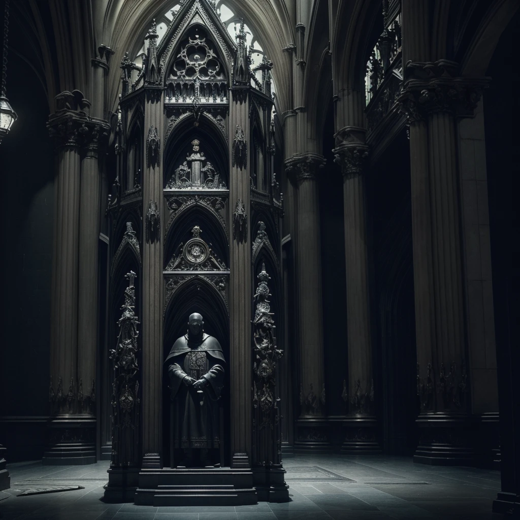 a cathedral interior, a bishop statue with tentacles, neon lights, dark knights, photorealistic, (best quality,4k,8k,highres,masterpiece:1.2),ultra-detailed,(realistic,photorealistic,photo-realistic:1.37),dark fantasy,moody lighting,dramatic shadows,intricate architecture,ornate details,cinematic composition
