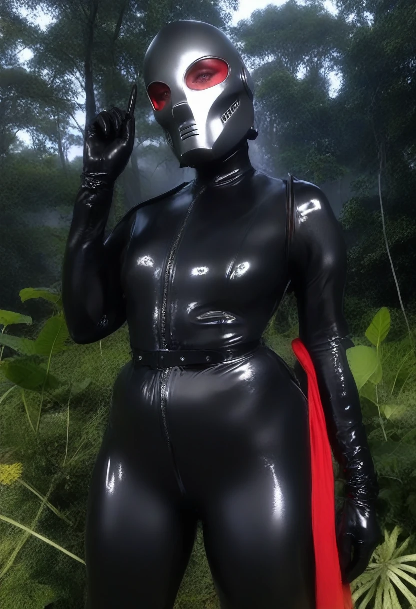 zPDXL, source_anime, BREAK slave Trilla, LATEX helmet with red translucent visor, , armor,black gloves,(tight silver bodysuit),,black pants, BREAK close-up, solo, standing, front view, medium breasts, , wide hips, BREAK x3dce, 3d, jungle background, dense vegetation, rain, night, night sky,