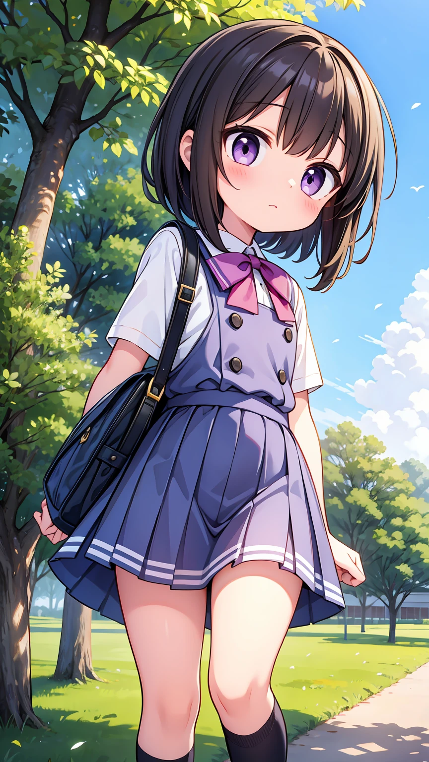 masterpiece,best quality,ultra detail, girl, short brown hair, purple eyes, short skirt, panties in sightsailor uniform,school garden, open mouth, shy, blush, detailed hands, detailed fingers, viewer's view from below, (chibi:0.6), (chibi breast:0.6), very detailed hands, without errors, sweaty thighs