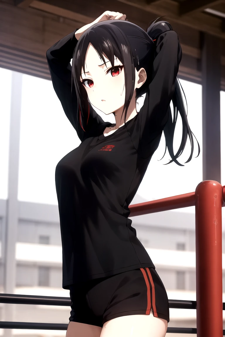 Shinomiya Kaguya, Shinomiyakaguya, Red eyes, small breasts, list brook, black fur, Red eyes, micro gym shorts, school gymnastics t-shirt, wet