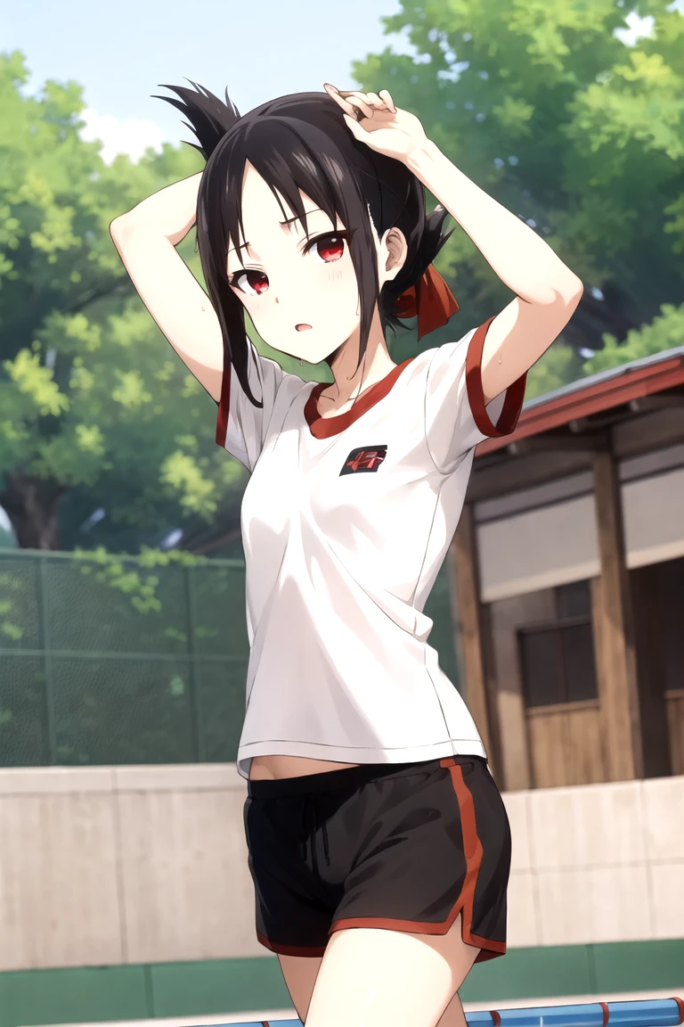 Shinomiya Kaguya, Shinomiyakaguya, Red eyes, small breasts, list brook, black fur, Red eyes, micro gym shorts, school gymnastics t-shirt, wet