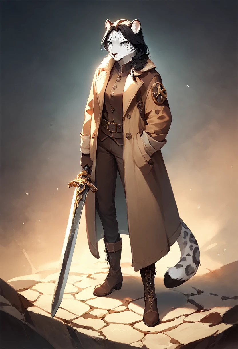 score_9, score_8_up, score_7_up, score_6_up, score_5_up, score_4_up, (solo), female white leopard, furry, coat, holding sword, black hair, grey eyes, bandolier, pants, boots, steampunk hunter