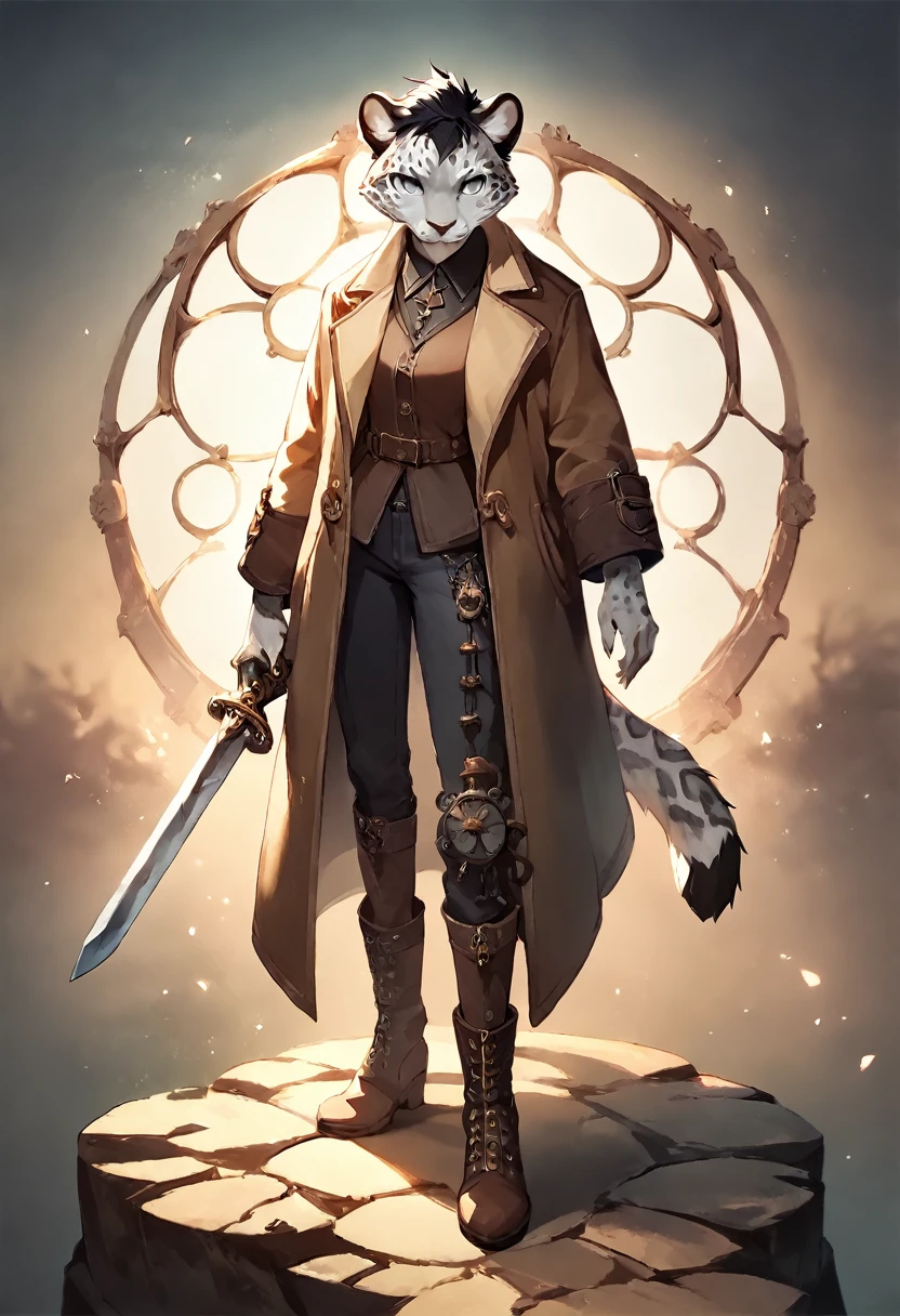 score_9, score_8_up, score_7_up, score_6_up, score_5_up, score_4_up, (solo), female white leopard, furry, coat, holding sword, black hair, grey eyes, bandolier, pants, boots, steampunk hunter