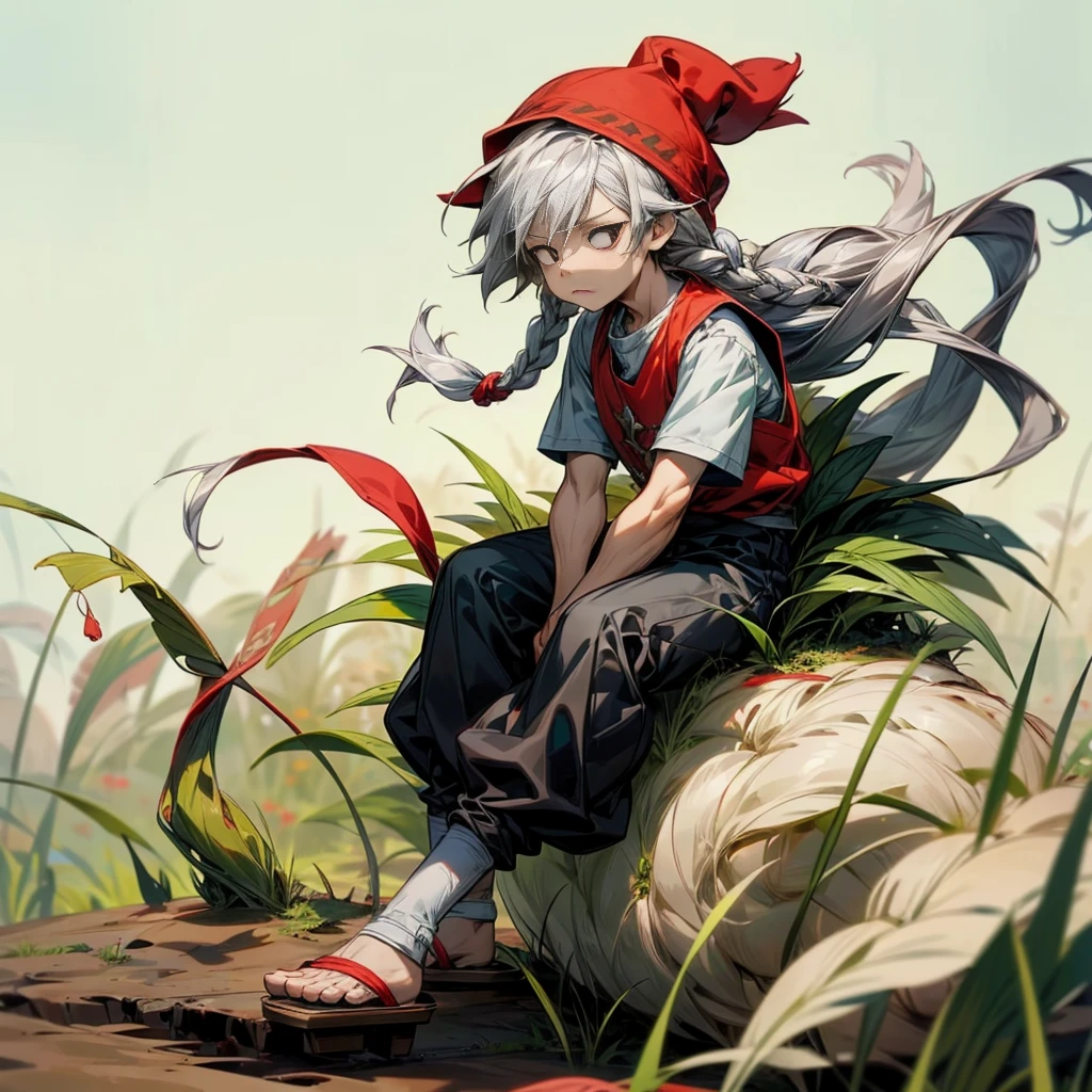 1little boy, Full body version, 1character, black eyes color, milk skin, long hairstyle, sad eyes type, silver colour hair, Farmer villager clothing style, red color clothing, black pants, white scraf, Ancient roman sandals, vest, green Beanie, Grassroots background in field villager, motion blur 