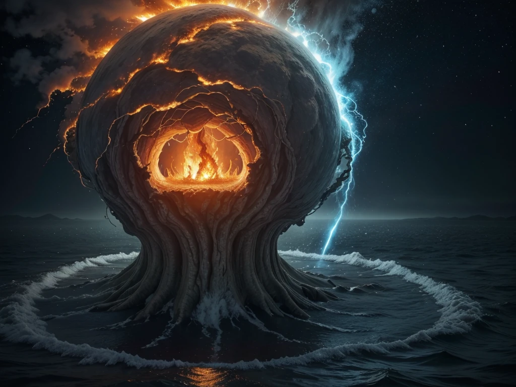 create in the mystical world where the fire elements, water, Earth and air come to life with dynamic scenes where elemental magic is at play, capturing the raw power and beauty of these natural forces. shows the earth opening , fire larvae , in the center of a lake, tornado of wind descending from the sky