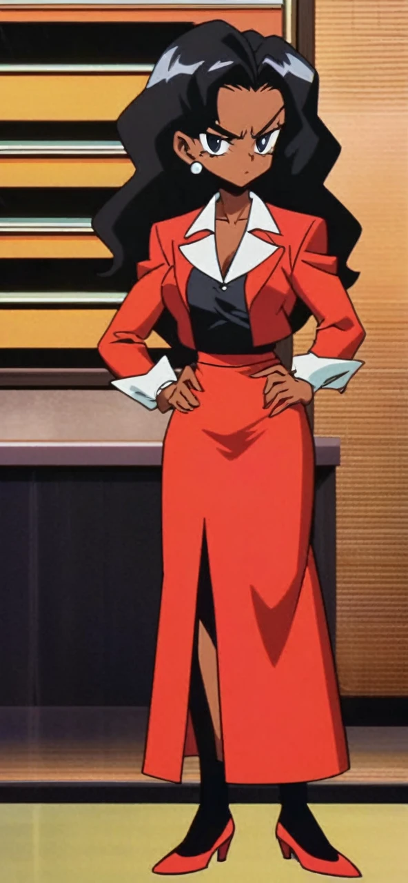 EVIL BLACK BUSINESS WOMAN WEARING A BLOUSE WITH A RED SKIRT SUIT 90s anime art style full body