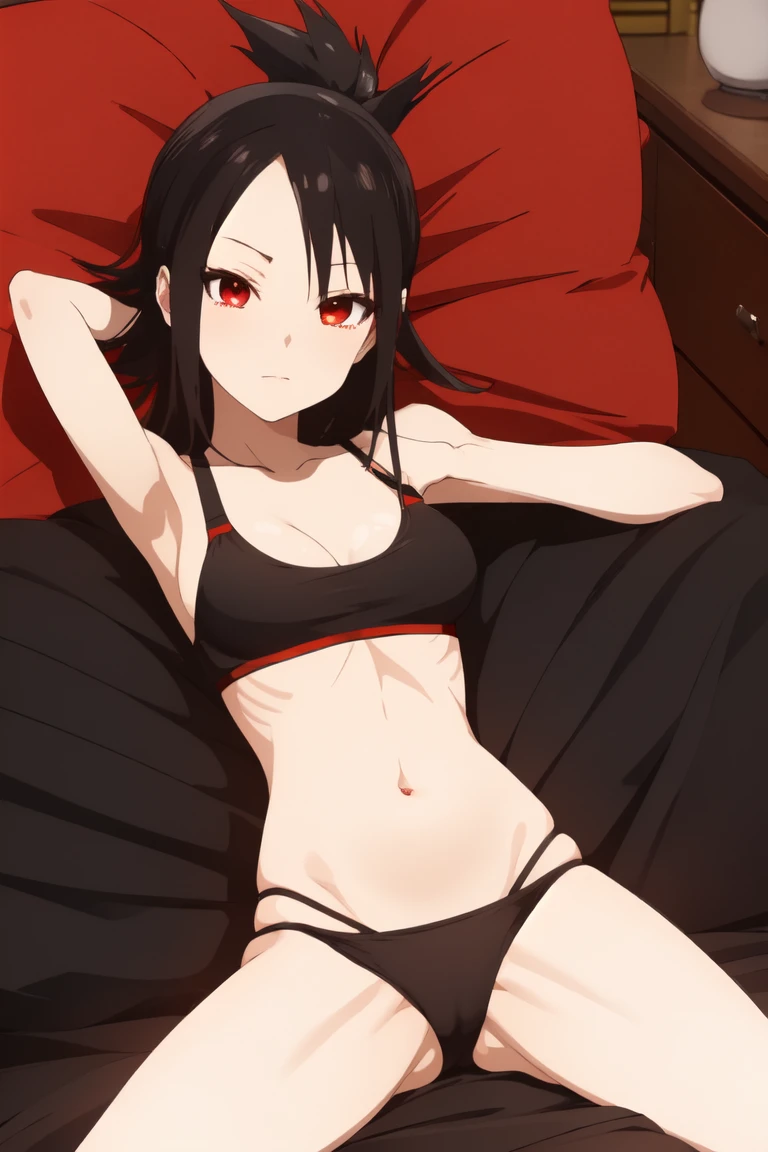 Shinomiya Kaguya, Shinomiyakaguya, Red eyes, small breasts, list brook, black fur, Red eyes, black sports bra, black micro panties, shiny skin 