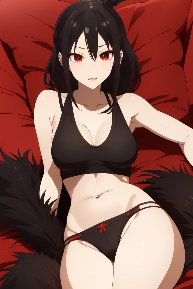 Shinomiya Kaguya, Shinomiyakaguya, Red eyes, small breasts, list brook, black fur, Red eyes, black sports bra, black micro panties, shiny skin