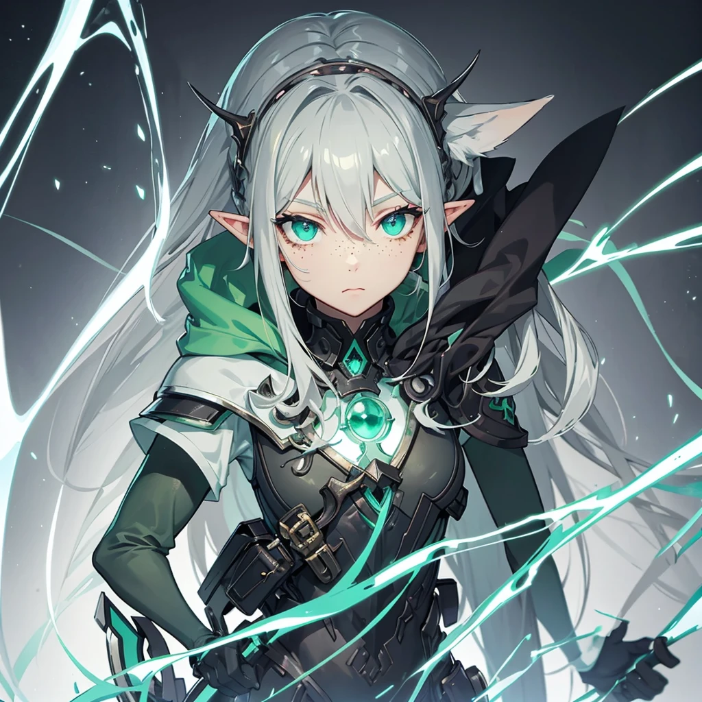 Cute young dark elf girl with a light gray skin tone, light green hair and dark green eyes. Has freckles on his face, height 160, carries a small shield in his right hand. Is an excellent doctor, understand poisons and medicines. 