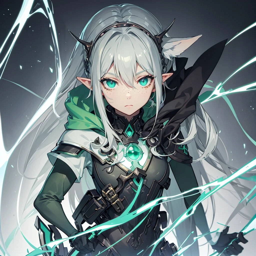 Cute young dark elf girl with a light gray skin tone, light green hair and dark green eyes. Has freckles on his face, height 160, carries a small shield in his right hand. Is an excellent doctor, understand poisons and medicines.