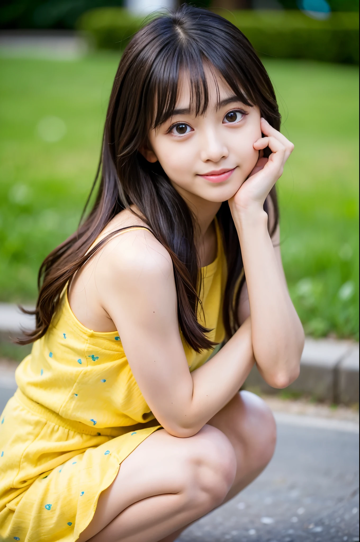 (((Highest quality))) ((masterpiece)) ((Real beautiful girl)) 13 year old beautiful girl (Cute face) clear ((Baby Face)) Appearance like an idol (Micro Mini Hot Pants) Tank top Beautiful thighs Summer festival Night Festival smile Twin tails