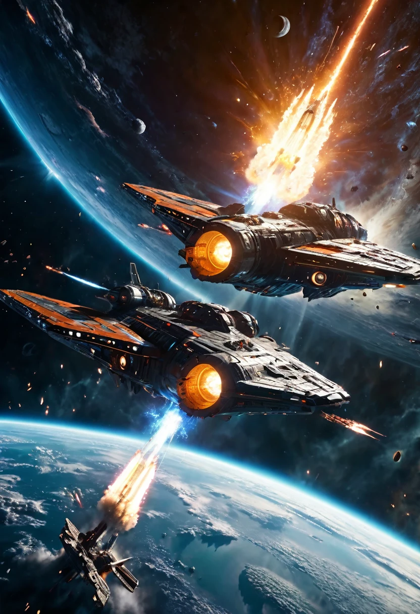 a war-torn futuristic space battlefield, epic intergalactic space war, highly detailed cinematic scene, massive spaceships engaging in battle, intense lighting and dramatic shadows, glowing neon energy weapons, sleek metallic armor and technology, expansive cosmic background with distant stars and nebulae, extreme photorealistic quality, breathtaking scale and scope, cinematic composition and dynamic framing, vibrant and vivid color palette