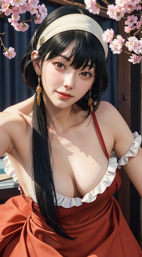 yor, Mature female, bangs, side locks, Red eyes, Black hair, hair adornments,sportrait, (face:1.2), schoolgirls, ssmile,bare shoulders, Black hair, cherry blossom, cleavage, (gown:1.21), clavicle, Willow Branch, (masterpiece best quality :1.2), armpits