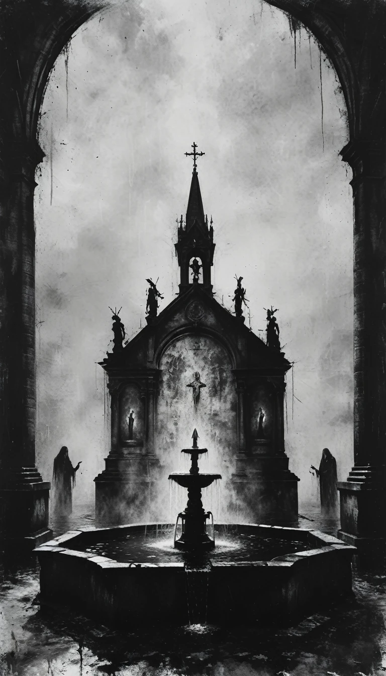 a painting of a ((fountain with corpses)), dead bodies, vampire the masquerade bloodlines, incredible art, gloomy background, nimbus, church ragged vestments, darksketch