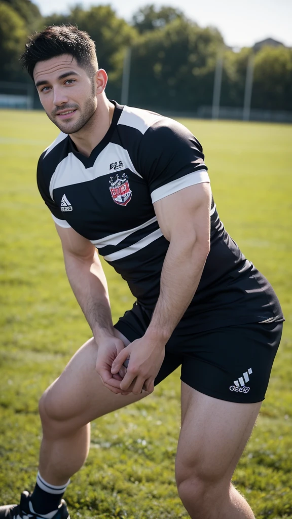 one pale muscular man rugby player ,Full body, smile, rugby player, sport pants, rugby esportive uniform, wet black hair fade ,alluring big eyes, European mature 30yo man, (High shadow detail), wearing Calvin Klein rugby brands shirt, strong thighs legs, neck tattoo, large lips mouth, Wide shoulders, nice detailed naughty hands on his bulge, glans shape, field background on golden-hour.