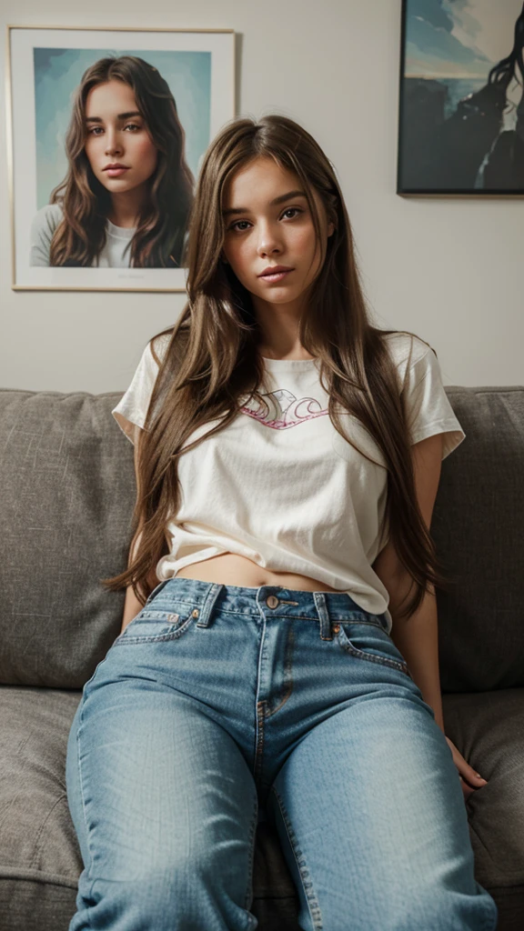 a woman, with long hair and jeans, sitting on a couch, in the style of cartoon realism, i can't believe how beautiful this is, cute and dreamy, realistic hyper-detail, warmcore --ar 73:105 --stylize 750 --v 6