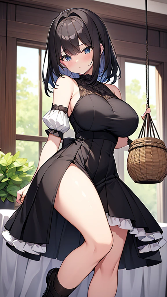 ((masterpiece)), (Highest quality、8K), (Simple style), Big Breasts, Swinging Big , Wearing a face stolen from someone else, No sleeve, Sleeveless, Off the shoulder, Black Dress, Pleated lace, Lace dress, White knee socks. whole body, Luxurious Room, {{The maid who stole the face of a guest}}, NSFW