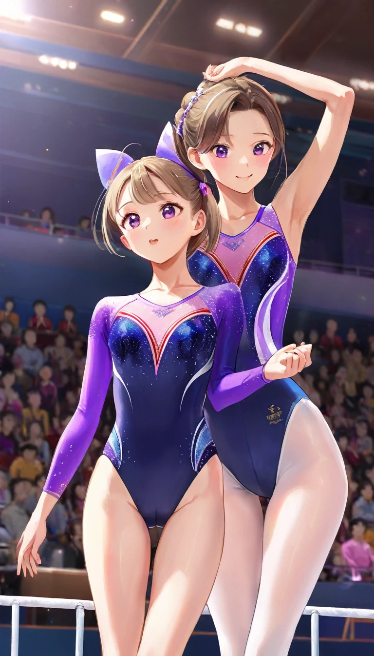 expensivequality illustration, masterpiece, Very delicate and beautiful, Attractive girl,(Gymnastics leotard,Tight leotard,length_Leotard with sleeves,expensive_Leg leotard,athletic leotard),Purple ears,Short here, Audience reaction,thin,Slender body,slim,expensive school,Gym,Gymnastics Club,2 girls,