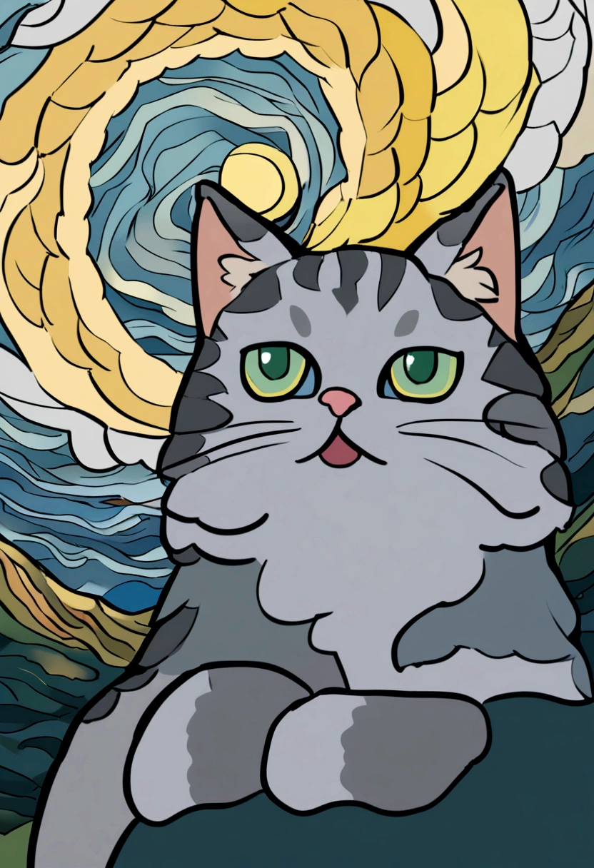 fluffy gray cat with green eyes, Van Gogh style