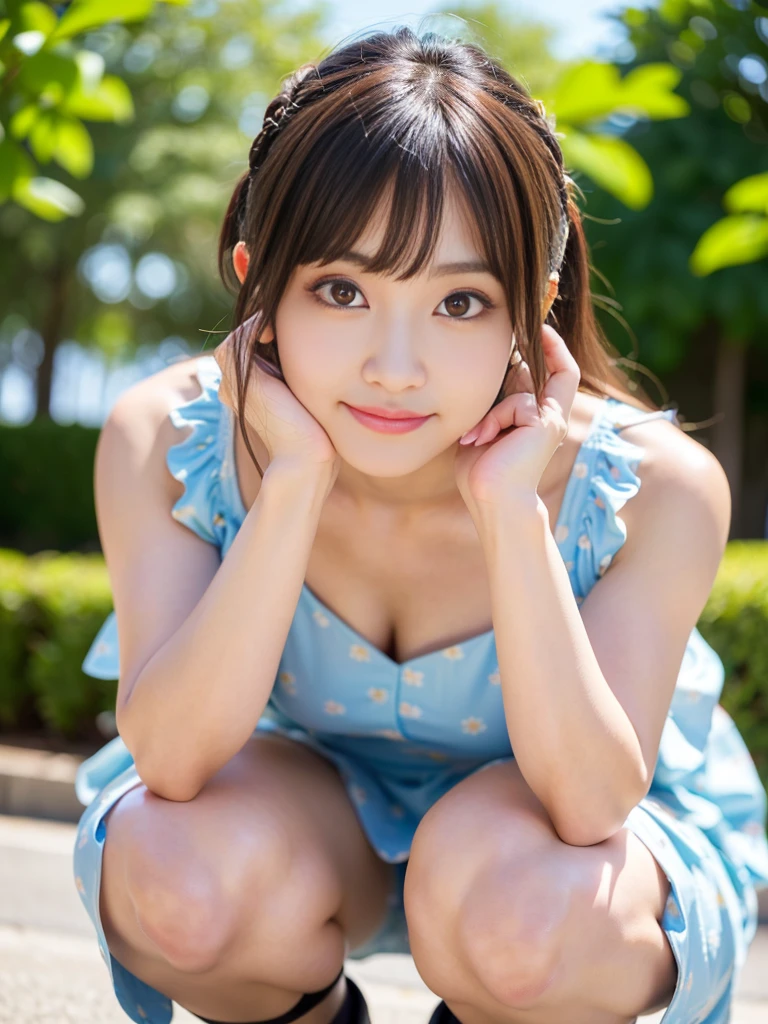 (Best-quality, Masterpiece, Ultra-High-Resolution, (Photorealistic:1.4), Raw-Photo, 64K, depth of field, professional lighting, perfect anatomy, extremely details), (((1girl))), 15-years-old, the most famous Japanese idol, cowboy shot, squatting at park, wearing off shoulders dress with cute-patterned, ((extremely cute face like the most popular Japanese idol, ((extremely cute and extremely big eyes)), extremely beautiful hair)), (((extremely beautiful skins))), extremely cute lips, extremely cute long-eyelashes, extremely childish body, looking at viewer, innocent smile, detailed off-shoulders-dress-with-cute-patterned