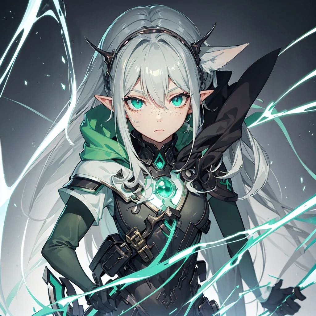 Cute young dark elf girl with a light gray skin tone, light green hair and dark green eyes. Has freckles on his face, height 160, carries a small shield in his right hand. Is an excellent doctor, understand poisons and medicines.