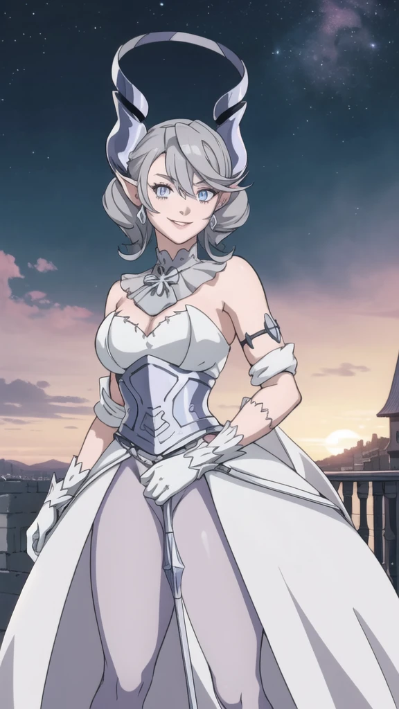 Beautiful arts wallpaper Sunset Outside castle top High level image quality best image quality 8K adult woman silver castle outside more colors whole body view portrait horn ears short hair((shortcut)(gray hair)(perm)(fluffy)) eye color is blue , , attractive evil face , smile , heroic stance , labrynth , barearm ,gloves , wearing pink , standing ,