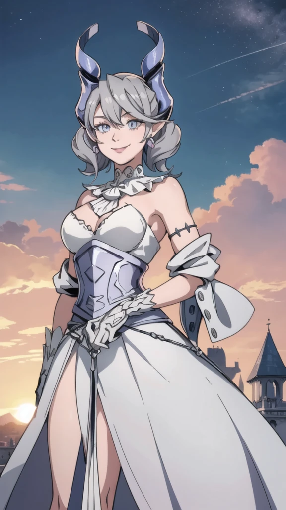 Beautiful arts wallpaper Sunset Outside castle top High level image quality best image quality 8K adult woman silver castle outside more colors whole body view portrait horn ears short hair((shortcut)(gray hair)(perm)(fluffy)) eye color is blue , , attractive evil face , smile , heroic stance , labrynth , barearm ,gloves , wearing pink , standing ,