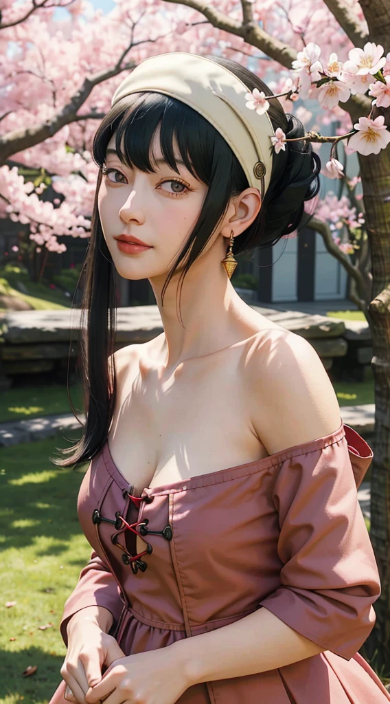 yor, Mature female,  bangs, side locks, Red eyes, Black hair, hair adornments，sportrait, (face:1.2), girls, ssmile,bare shoulders​, Black hair, cherry blossom, cleavage, (gown:1.21), clavicle, Willow Branch, (masterpiece best quality :1.2), armpits