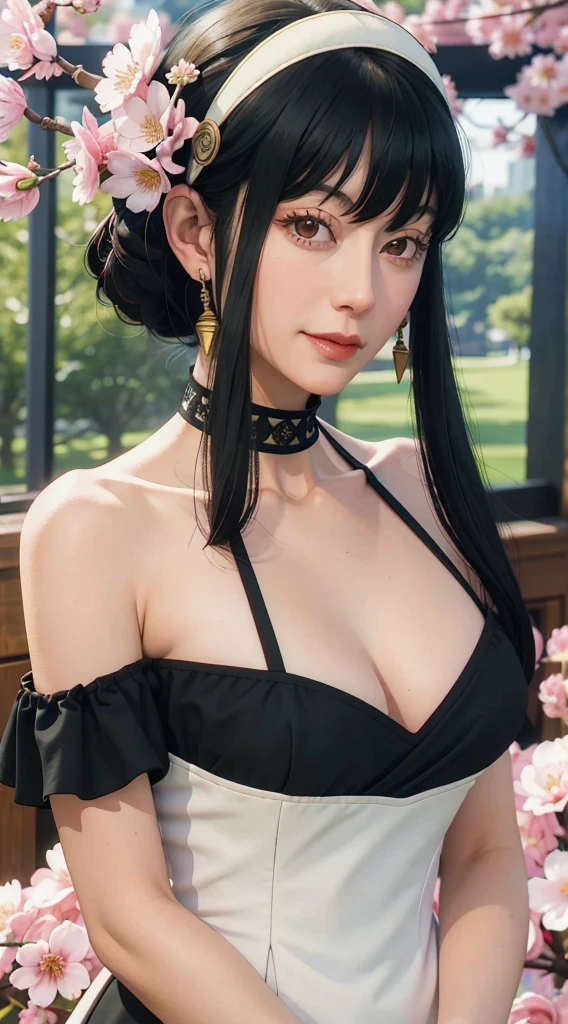 yor, Mature female,  bangs, side locks, Red eyes, Black hair, hair adornments，sportrait, (face:1.2), schoolgirls, ssmile,bare shoulders​, Black hair, cherry blossom, cleavage, (gown:1.21), clavicle, Willow Branch, (masterpiece best quality :1.2), armpits