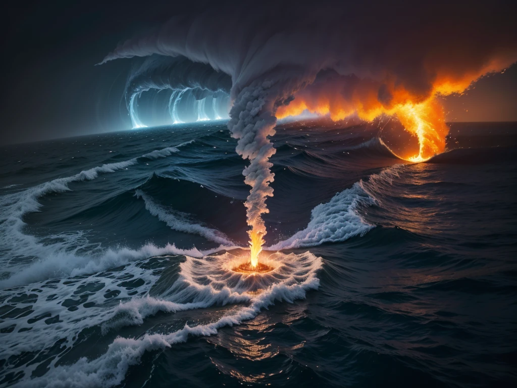 create in the mystical world where the fire elements, water, Earth and air come to life with dynamic scenes where elemental magic is at play, capturing the raw power and beauty of these natural forces. shows the earth opening , fire larvae , in the center of the ocean , tornado of wind descending from the sky