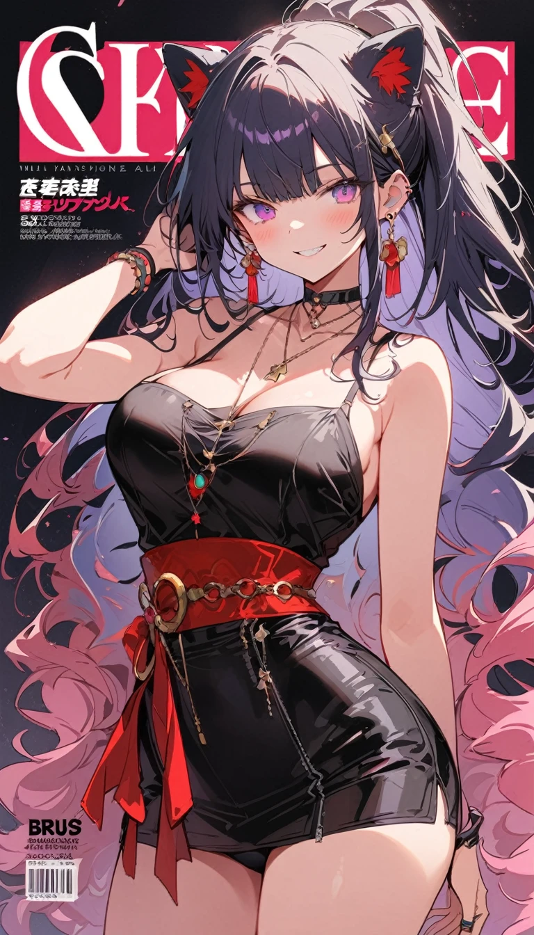 masterpiece, Highest quality, whole body, One girl, bangs, black choker,  blush, bracelet, chest, choker, clothes The surrounding area waist, clavicle,  Cowboy Shot,  ear Earrings, Eyebrows visible through hair, Gradient Hair, Grin, fix, jewelry, Kogal, Long Hair, View Viewer, Earrings,   Red eyes, ring, ,  smile, alone, street, null, cherry blossoms, petal,figure, (magazine:1.3), (cover-style:1.3), fashionable, woman, Vibrant,  Pause, front, colorful, dynamic, background, element, have confidence, Performance, Holding, statement, accessories, Majestic, Coiled, The surrounding area, touch, scene, article, cover, bold, to attract attention, title, stylish, font, Catchy, Heading, big, impressive, Modern, trend, concentrated, fashion,((masterpiece)), Highest quality, Absurd, Super detailed, Holographic, Cowboy Shot, ダイナミックなPause, Golden Ratio, Very cute girl, Mature Girls, Very beautiful, Super beautiful asian girl with super beautiful purple eyes, Very beautiful white hair, Shiny skin, High Ponytail, nice and sexy body, Slim and delicate body, Perfect body,  Cute Panties, Fox Headset, Get your picture taken in a cute alien spaceship,naked,Big Breasts,Sexy