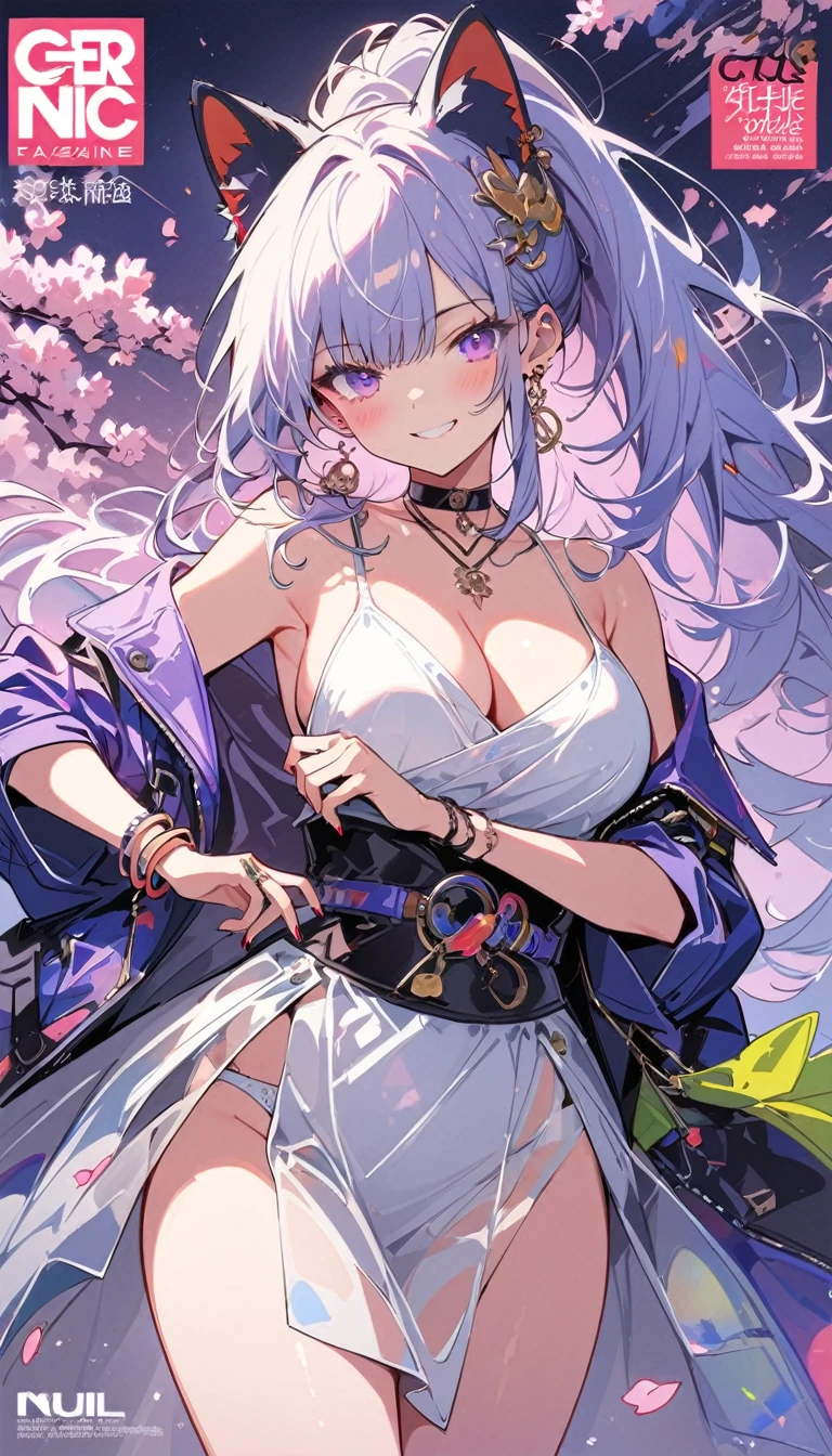 masterpiece, Highest quality, whole body, One girl, bangs, black choker, blush, bracelet, chest, choker, clothes The surrounding area waist, clavicle, Cowboy Shot, ear Earrings, Eyebrows visible through hair, Gradient Hair, Grin, fix, jewelry, Kogal, Long Hair, View Viewer, Earrings, Red eyes, ring, , smile, alone, street, null, cherry blossoms, petal,figure, (magazine:1.3), (cover-style:1.3), fashionable, woman, Vibrant, Pause, front, colorful, dynamic, background, element, have confidence, Performance, Holding, statement, accessories, Majestic, Coiled, The surrounding area, touch, scene, article, cover, bold, to attract attention, title, stylish, font, Catchy, Heading, big, impressive, Modern, trend, concentrated, fashion,((masterpiece)), Highest quality, Absurd, Super detailed, Holographic, Cowboy Shot, ダイナミックなPause, Golden Ratio, Very cute girl, Mature Girls, Very beautiful, Super beautiful asian girl with super beautiful purple eyes, Very beautiful white hair, Shiny skin, High Ponytail, nice and sexy body, Slim and delicate body, Perfect body, Cute Panties, Fox Headset, Get your picture taken in a cute alien spaceship,naked,Big Breasts,Sexy