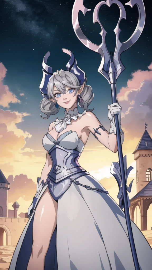 Beautiful arts wallpaper Sunset Outside castle top High level image quality best image quality 8K adult woman silver castle outside more colors whole body view portrait horn ears short hair((shortcut)(gray hair)(perm)(fluffy)) eye color is blue , , attractive evil face , smile , heroic stance , labrynth , barearm ,gloves , wearing pink , standing ,