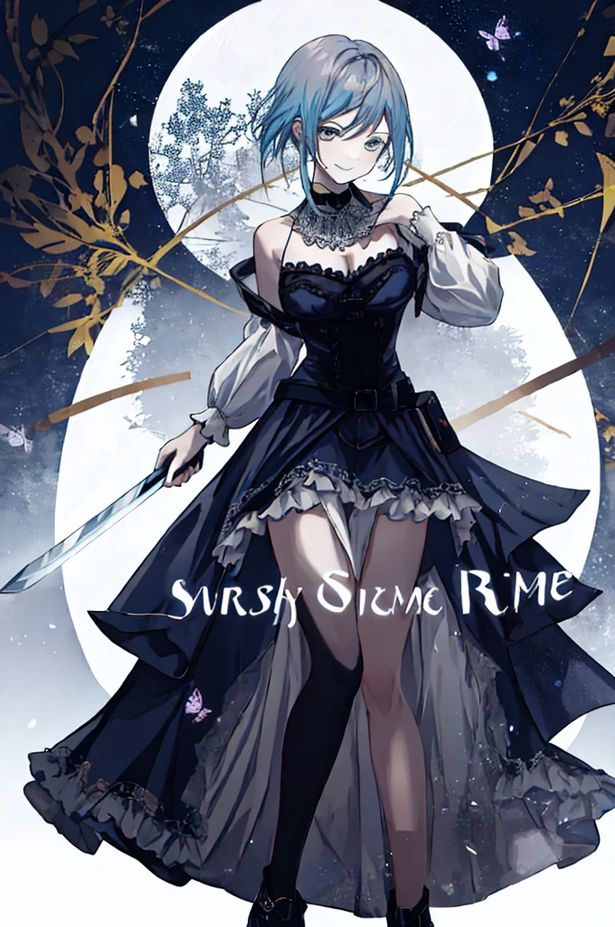  ((best quality)), ((masterpiece)), (detailed), 1girl, Character design, female, dynamic poses, ((long blue hair)), grey white eyes, very skinny, detailed, best quality, no accesoires around the neck, prominent collarbones, skinny arms, full body, blank white background, plain background, white background, ((red and white clothing)), Bloodborne inspired, occult aesthetic, occult, detailed and intricate steampunk and detailed gothic, Very dramatic and cinematic lighting, cosmic horror, grim-dark, side-lighting, perfect face,  Fluttering lace flared long knee length dress with frilly petticoats, knee length dress, pleated petticoats, petticoats gothic, complex lace boots, side-lighting, gothic aesthetic, wielding a mighty sword with mechanical components, mandalas, small breasts, a fairy, various different types of insect wings,full body, whole body, white holy clothes,white holy clothes,((evil smile)),(blue hair),she has a big sword in her hand,