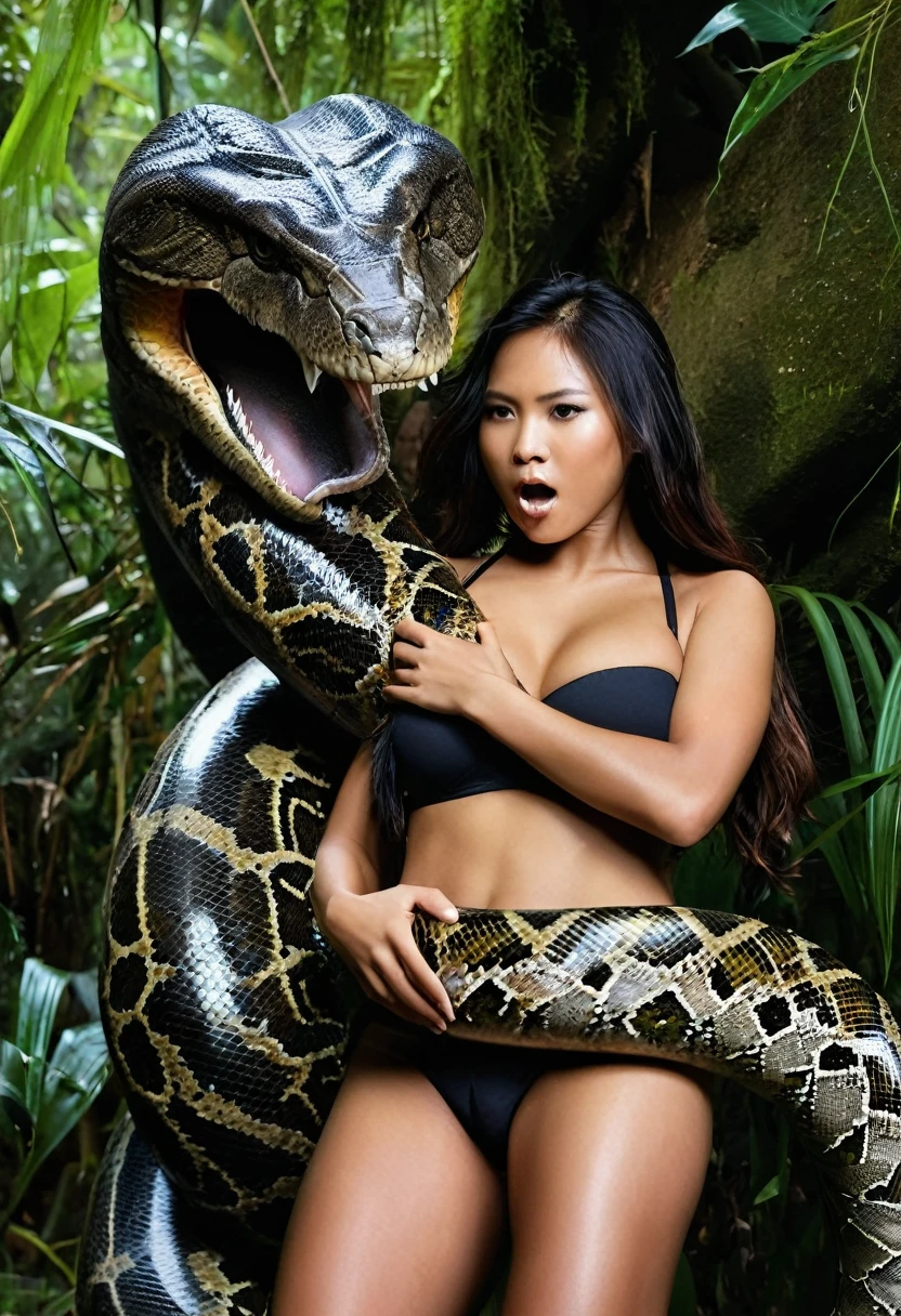   aroused horny beautiful Filipino    vs Giant colossal black titanboa monster wrapped around her body squeezing her in coiled embrace cuddling and kissing sexual erotic  sex realistic in the jungle  snake tongue kissing, vaginal penetration , snake in pussy, large object insertion, tentacle sex, snake pit, blowjob perfect body, best quality gorgeous face, wet, nsfw