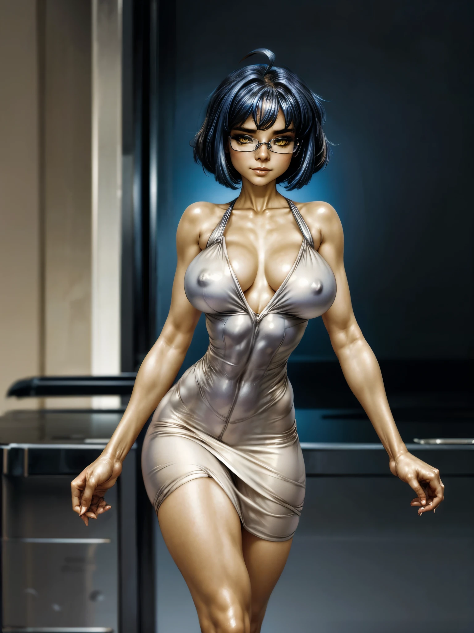 16k, ultra detailed picture, high quality picture, very young slim fit girl, full body shot, rounded face, (very short dark blue hair), (disheveled bob cut:1.3), (big yellow eyes:1.5), shy smile, perfect small breast, look at you, (huge ahoge:1.3), (megane:1.2), elegant tight evening dress, very tight dress, silver dress, sexy outfit, long slim and fit leg, big v neckline, 21thshirow, nipples trough clothes, bmb-fc 