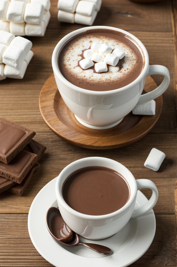 Cup of hot chocolate with marshmallows accompanied by a packet of sweet cocoa