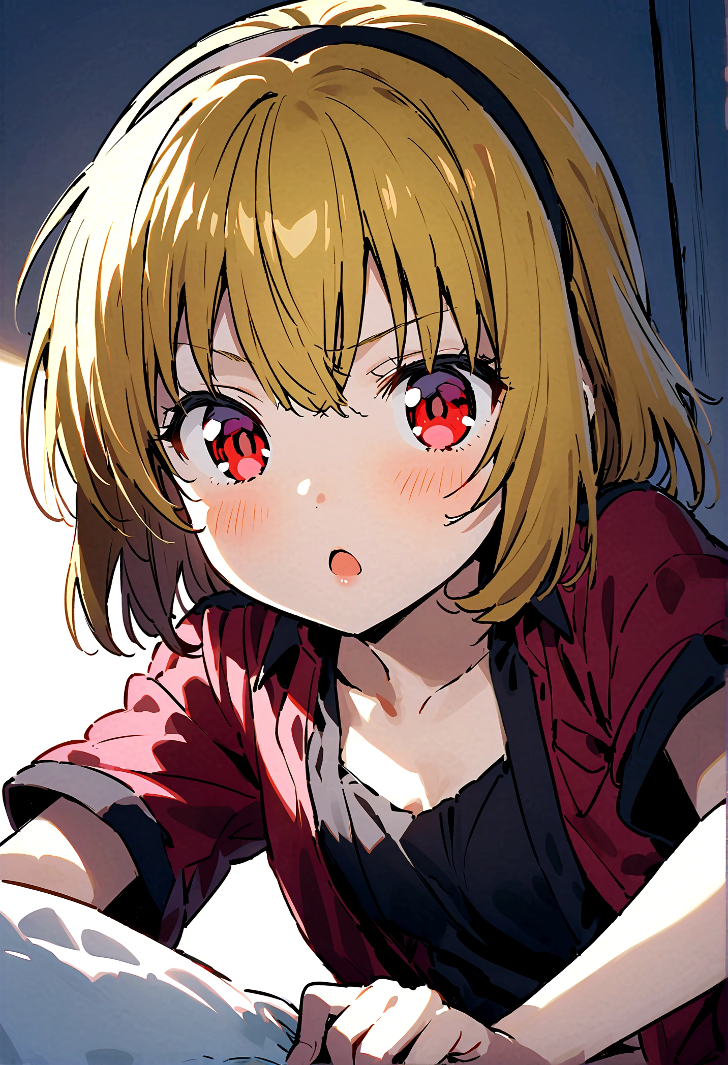 18 years old girl, blonde hair, long hair with bangs, messy hair, red eyes, out tongue, cat eyes, close up selfie