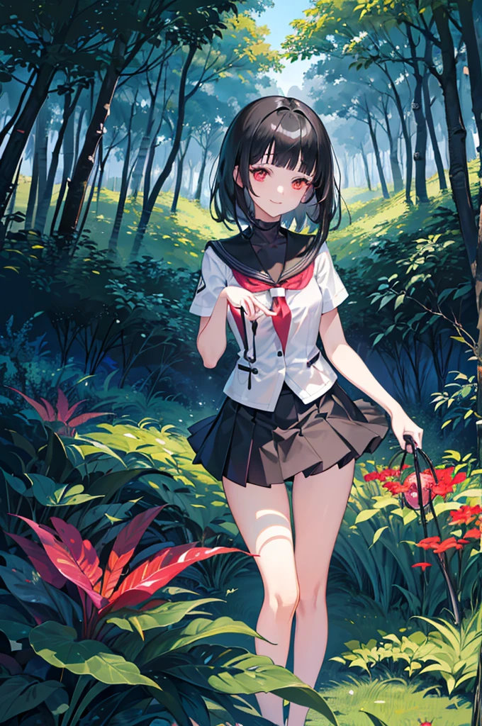 ((forest background)),original,(illustration:1.1),(best quality),(masterpiece:1.1),(extremely detailed CG unity 8k wallpaper:1.1), (colorful:0.9),(mid shot:0.95),(highly detailed beautiful face and body),(solo:1.2), (girl),(li), (detailed beautiful eyes:1.15), (beautiful face:1.15), (glowing red eyes:1.25////),((jewel-like eyes)),(petite),(cute girl),(((black medium hair))),pink inner color,((blunt bangs,)),(+perfect hand+:1.21),(Religious),(slender),(black clothes),small breasts,miniskirt,slim body,(smile),fashion,tokyo,harajuku,(black school uniform),deep forest background,