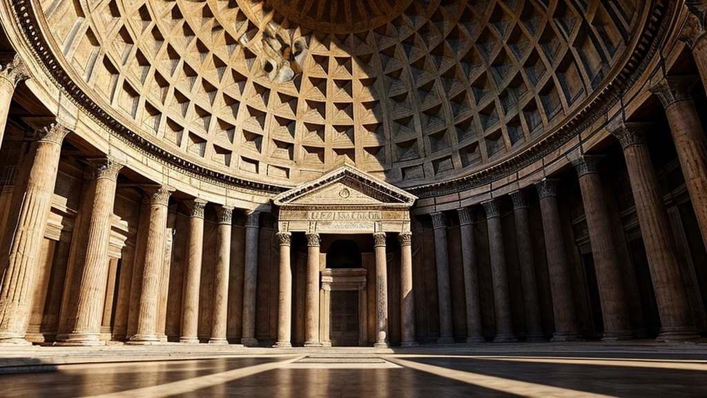 Create a detailed scene that showcases the architectural marvels of ancient Rome. The scene should prominently feature:The Pantheon: Include its massive dome and classical portico, capturing the architectural brilliance and engineering marvel.