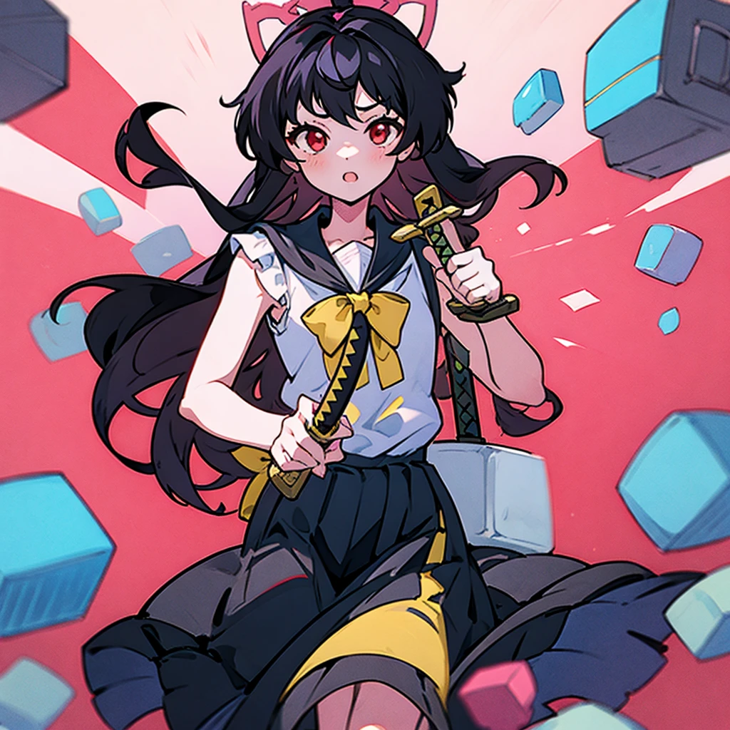 an anime girl with red eyes, long black hair with pink strands with small hair bow with small blue and yellow cubes decoration on the bow, on the right side of the head. She wears a white sleeveless blouse and a black skirt. In her right hand she carries her katana ready for the fight